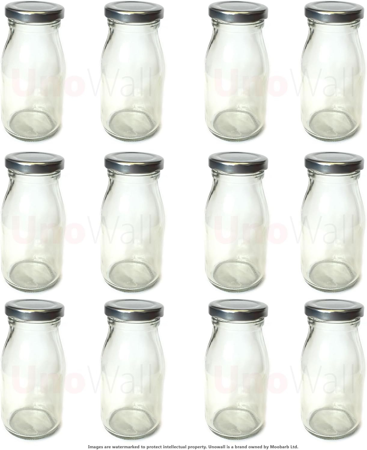 Unowall Set of 12 Classic Mini Glass Milk Bottles with Silver lids