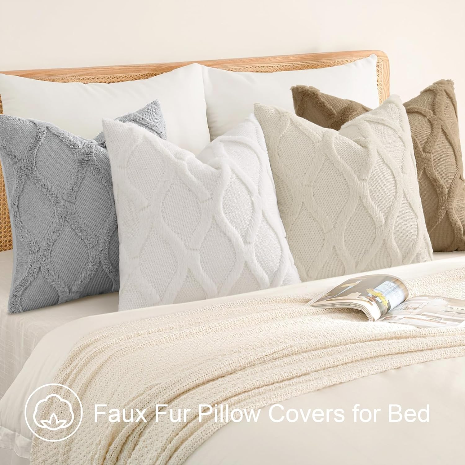 decorUhome Summer Set of 4 Throw Pillow Covers 18x18 Inch, Neutral Decorative Soft Plush Faux Wool Couch Pillow Covers, Farmhouse Pillow Cases for Living Room Bed Sofa (Cream/Khaki)