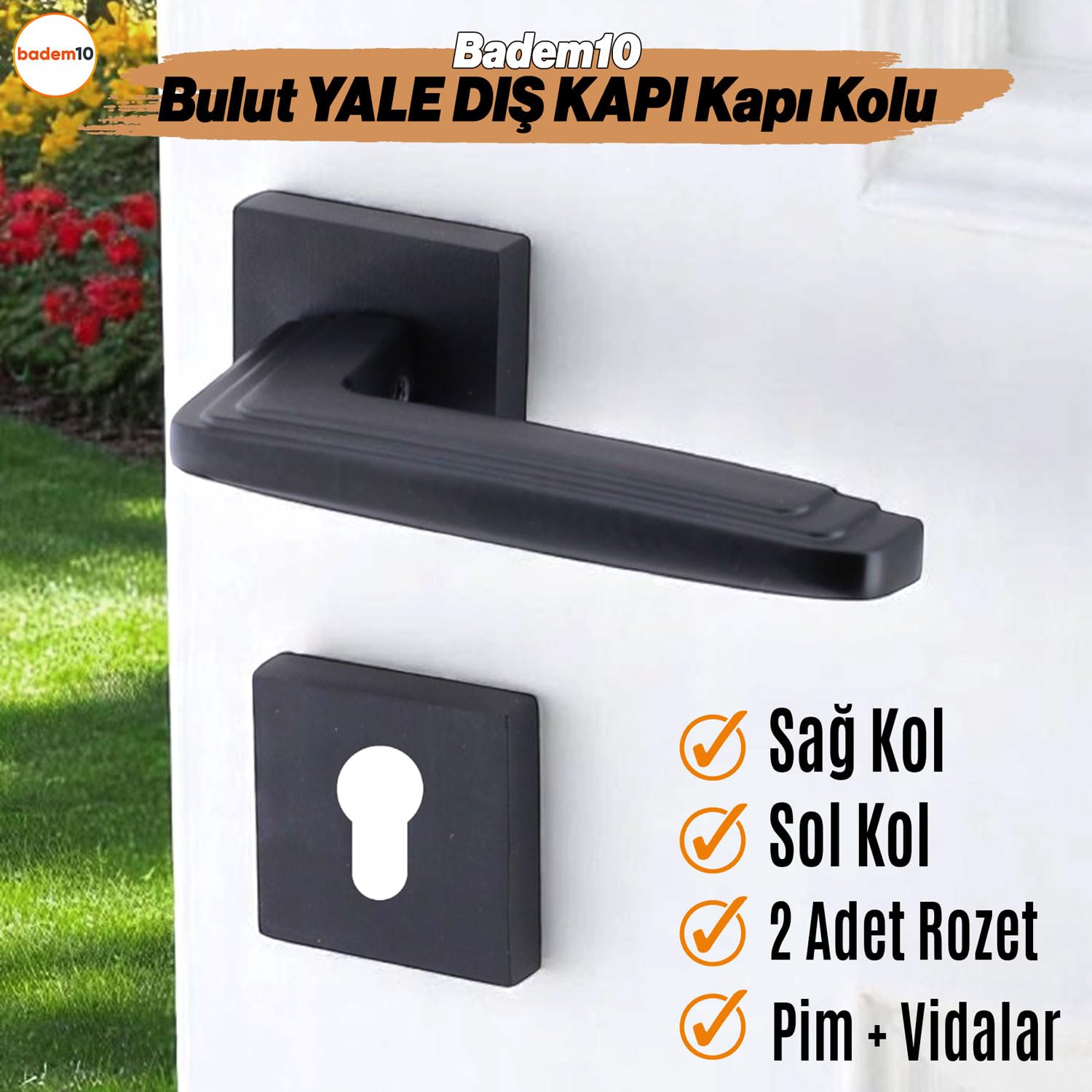 Bulut YALE DIŞ KAPI Kolu Siyah Kare Rozetli Sağa Sola Uygun Ev Kapı Kolları Kilitlenebilir 1 Takım