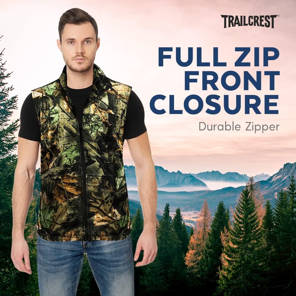 TrailCrest by Treel Men's Camo Full Zip Up Fleece Hunting Vest