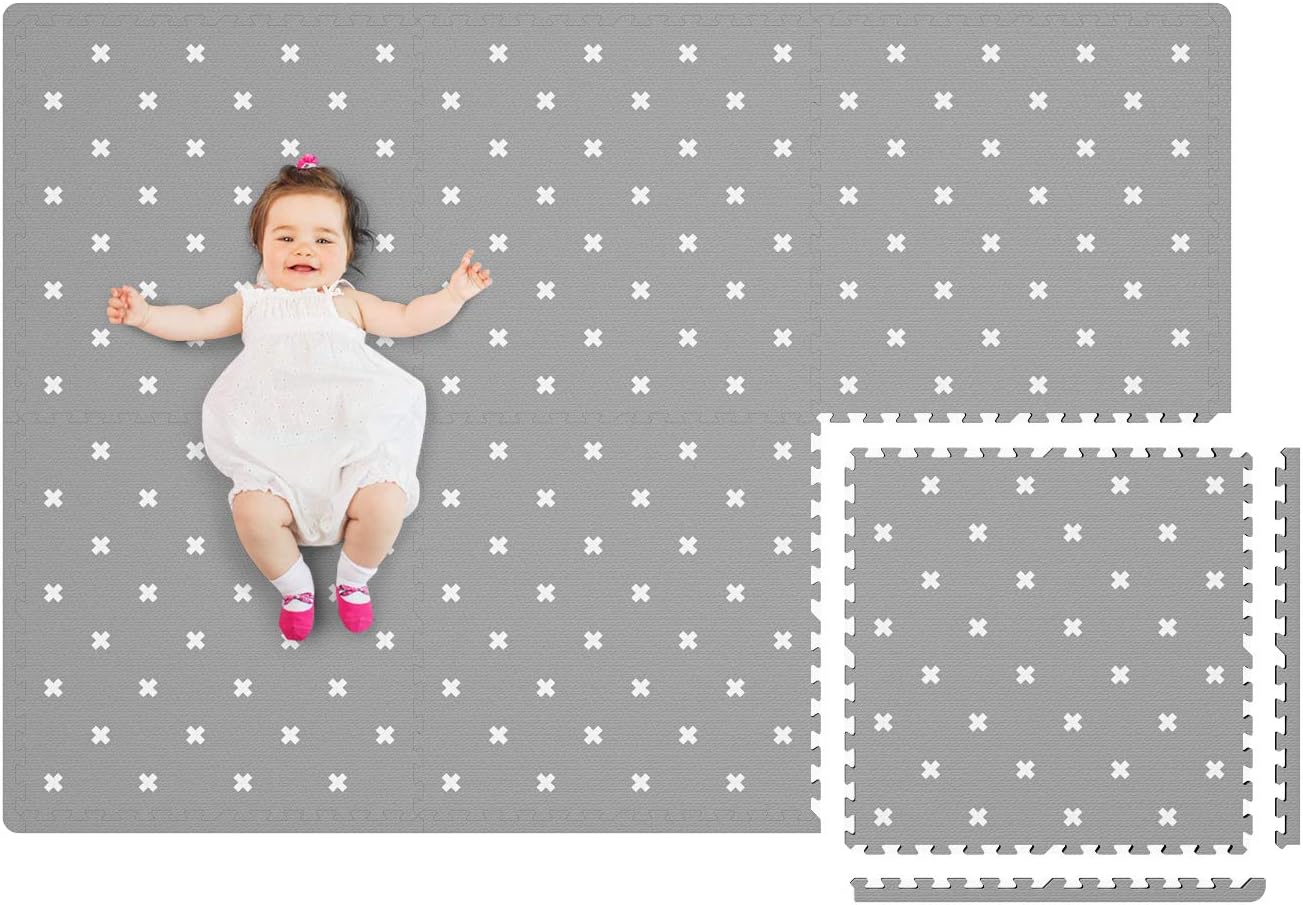 TCBunny Extra Large Baby Foam Play Mat - 4FT x 6FT Non-Toxic Puzzle Floor Mat for Kids & Toddlers, Waterproof Expandable Tiles with Edges (Grey with White Cross)
