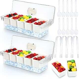 LemonRoad 2 Set Ice Chilled Condiment Caddy Server Tray with Lids 5 Removable Compartment Ice Cooled Bar Garnish Tray Caddy Fruit Serving Containers for Party Supplies with 4 Tongs and 10 Fruit Forks