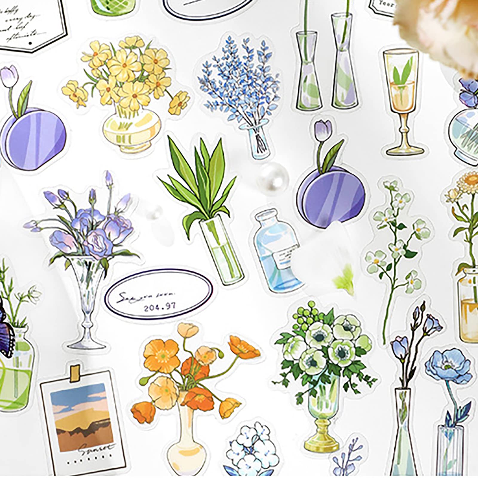 Vintage Flowers Vase Stickers for Journaling - Maxleaf 160PCS Clear Waterproof Colorful Vintage Flowers Stickers for Art Journaling Planners Scrapbook Laptops DIY Crafts Cards Notebooks