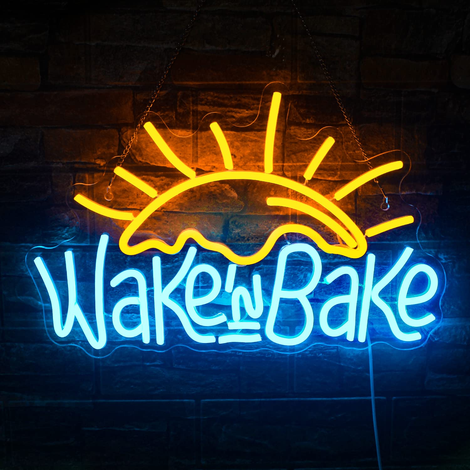 NOSUN Wake in Bake Neon Sign Coffee Bar Neon Signs for Wall Decor with Dimmable Yellow Blue LED Neon Sign Sun Neon Lights Sign for Bedroom Home Kitchen Restaurant Shops Cafes Dessert House Party