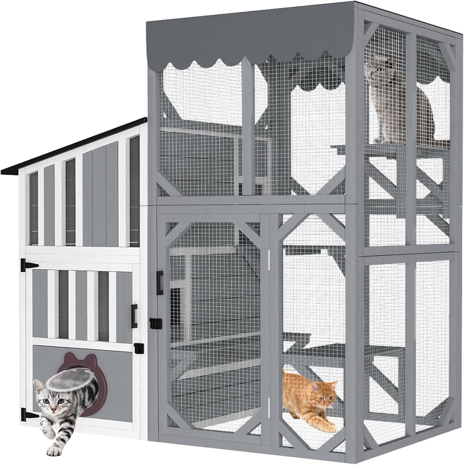 3 Tiers Catio 69" H Outdoor Cat Enclosures, Large Cat House Feral Cats Shelter with Weathproof Roof, Window Access, Unique Adjustable Two-Way Access Hole Design for Cats Outside and Inside
