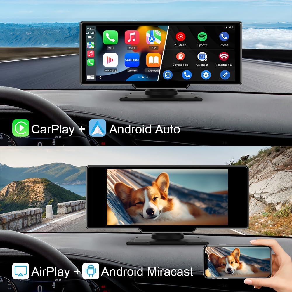 AWESAFE 10.26 Pulgadas Pantalla Coche con Carplay Android Auto, Pantalla Táctil con 4K Dashcam, 1080P Cámara Trasera Incluida, Comandos de Voz, Bluetooth/GPS/FM/AUX/MirrorLink