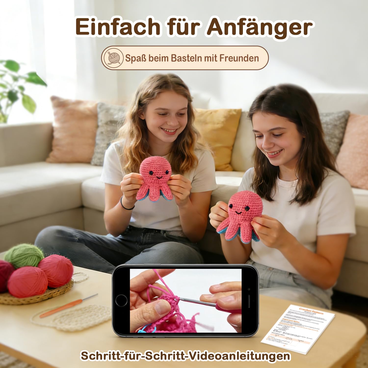 Häkelkit für Anfänger, Häkeltier-Kit mit Schritt-für-Schritt-Video-Tutorials, Easy Garn und 20% Extra-Übungsgarn-Cut-Tintenfisch