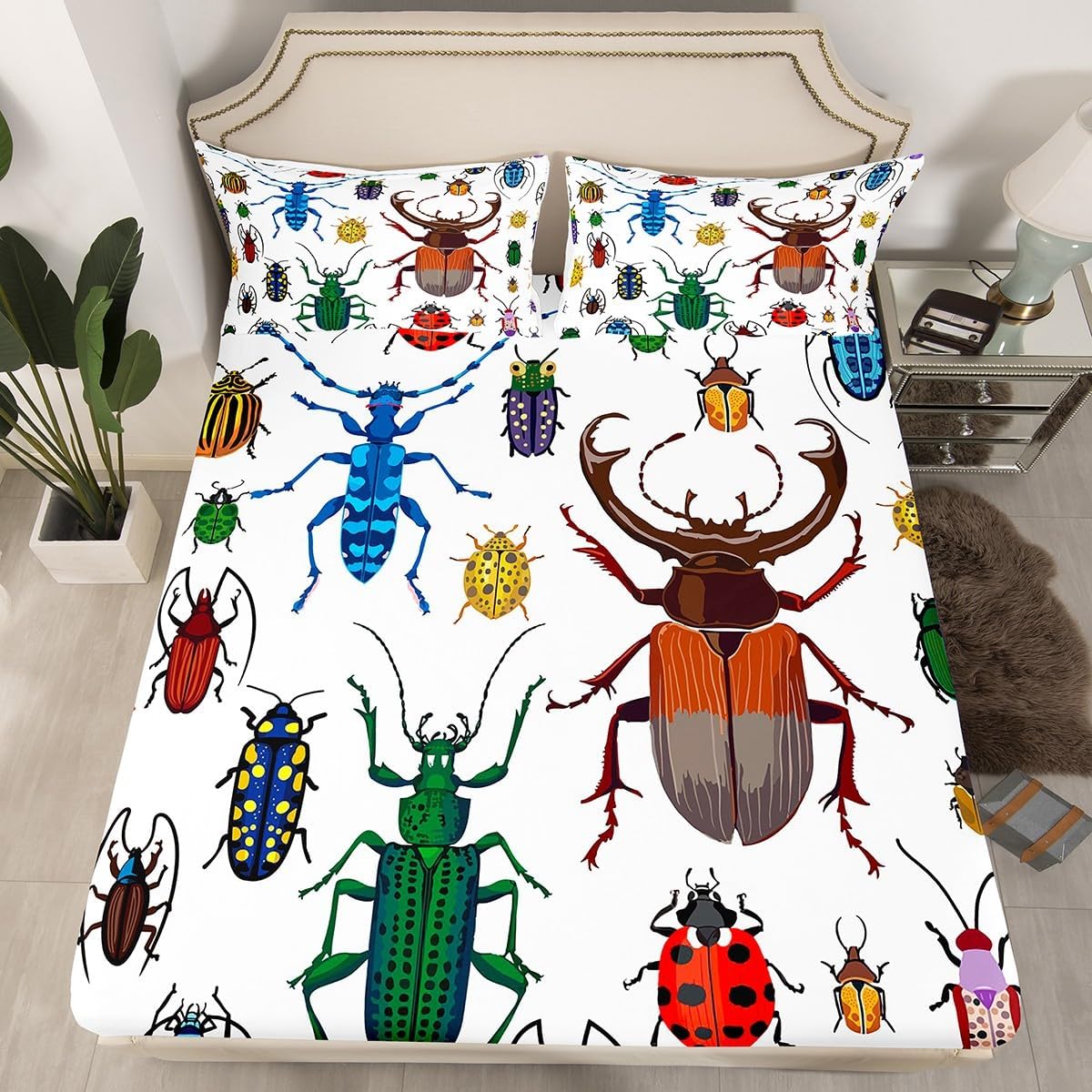 Kids Bug Fitted Sheet Flying Bugs Pattern Bedding Set for Boys Girls Colorful Beetle Decor Bed Sheet Set Nature Animal Bed Cover 2Pcs Twin Size