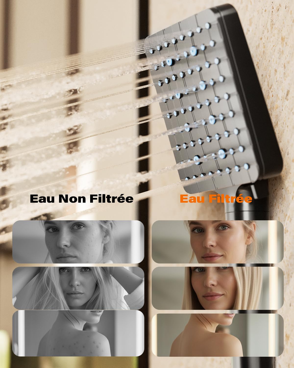 Cobbe Pommeau de douche avec filtre 20 couches pour eau dure 6 jets élimine le chlore et les métaux lourds flexible de 1 5 m inclus noir