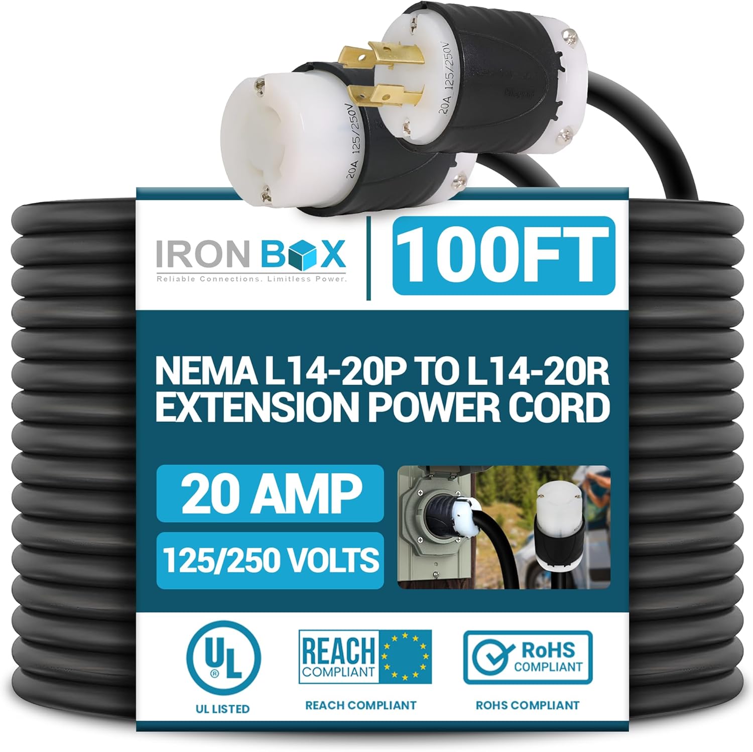 IronBox Electric NEMA L14-20P to L14-20R Extension Power Cord - 20A, 125/250V, 12/4 SJOOW - UL Listed Twist Lock Plug Adapter - Heavy Duty Power Cable for Generator, Data Centers & More (20ft, Build)
