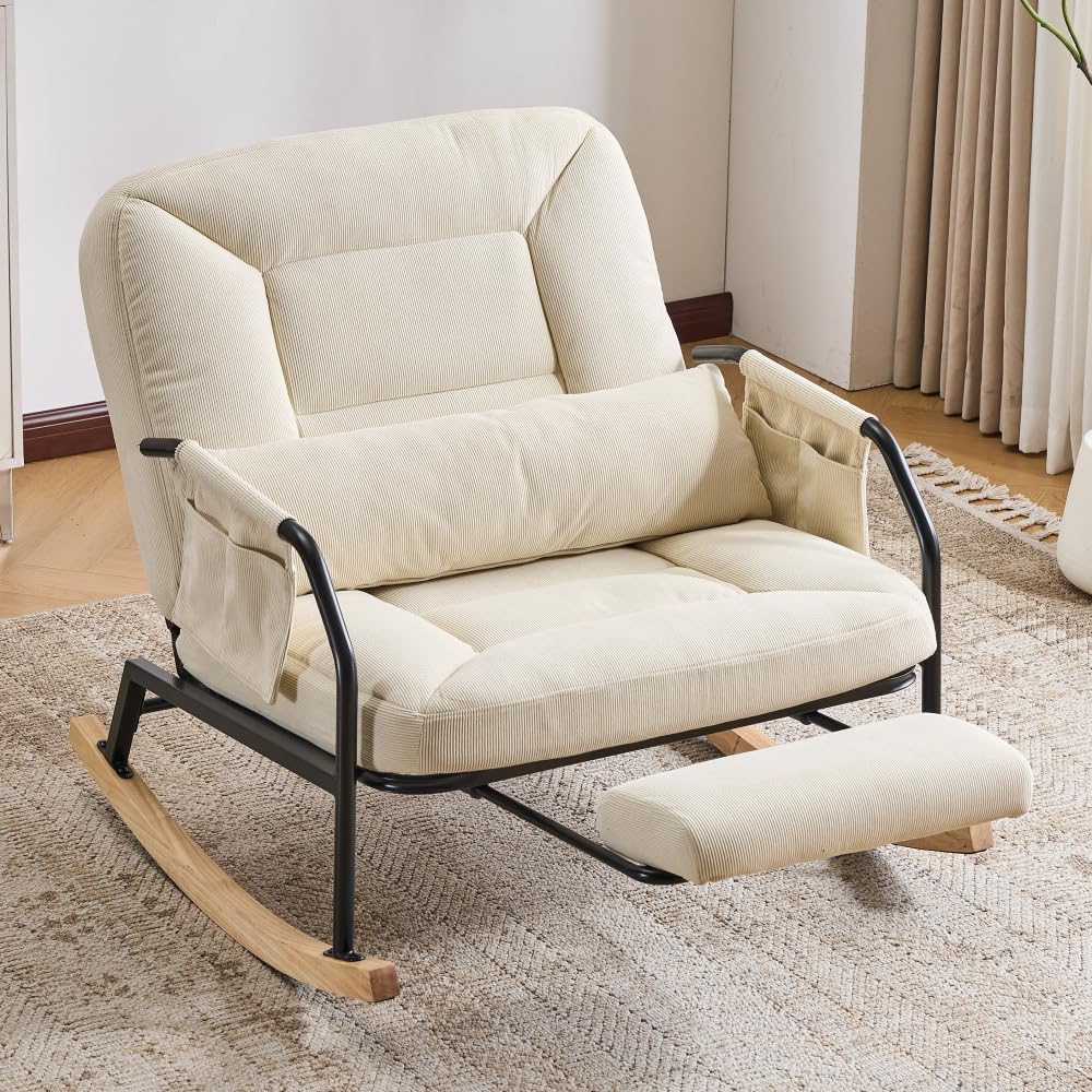 I0I&I0I Schaukelstuhl Mit Fußhocker Verstellbarer Relaxsessel Gepolsterte Sitzfläche Für Wohnzimmer Schlafzimmer Balkon Und Terrasse Aus Cordstoff (Beige + Corduroy + Foam)