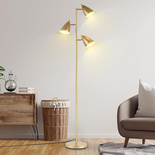 Miniatura 8 de Lámpara de pie de árbol para sala de estar, lámpara de pie industrial de 3 luces con 3 bombillas LED, cabezales de rotación ajustables, lámpara de