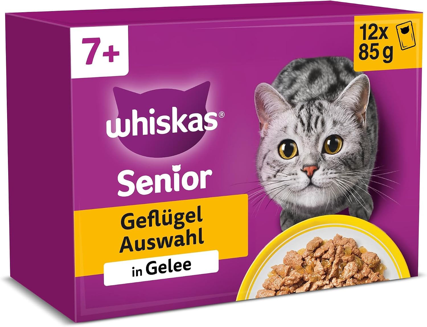 Whiskas 7+ Katzenfutter Geflügel Auswahl in Gelee, 12x85g (4 Packungen) – Hochwertiges Nassfutter ab dem 7. Lebensjahr in 48 Portionsbeuteln – Für die Bewahrung der Vitalität
