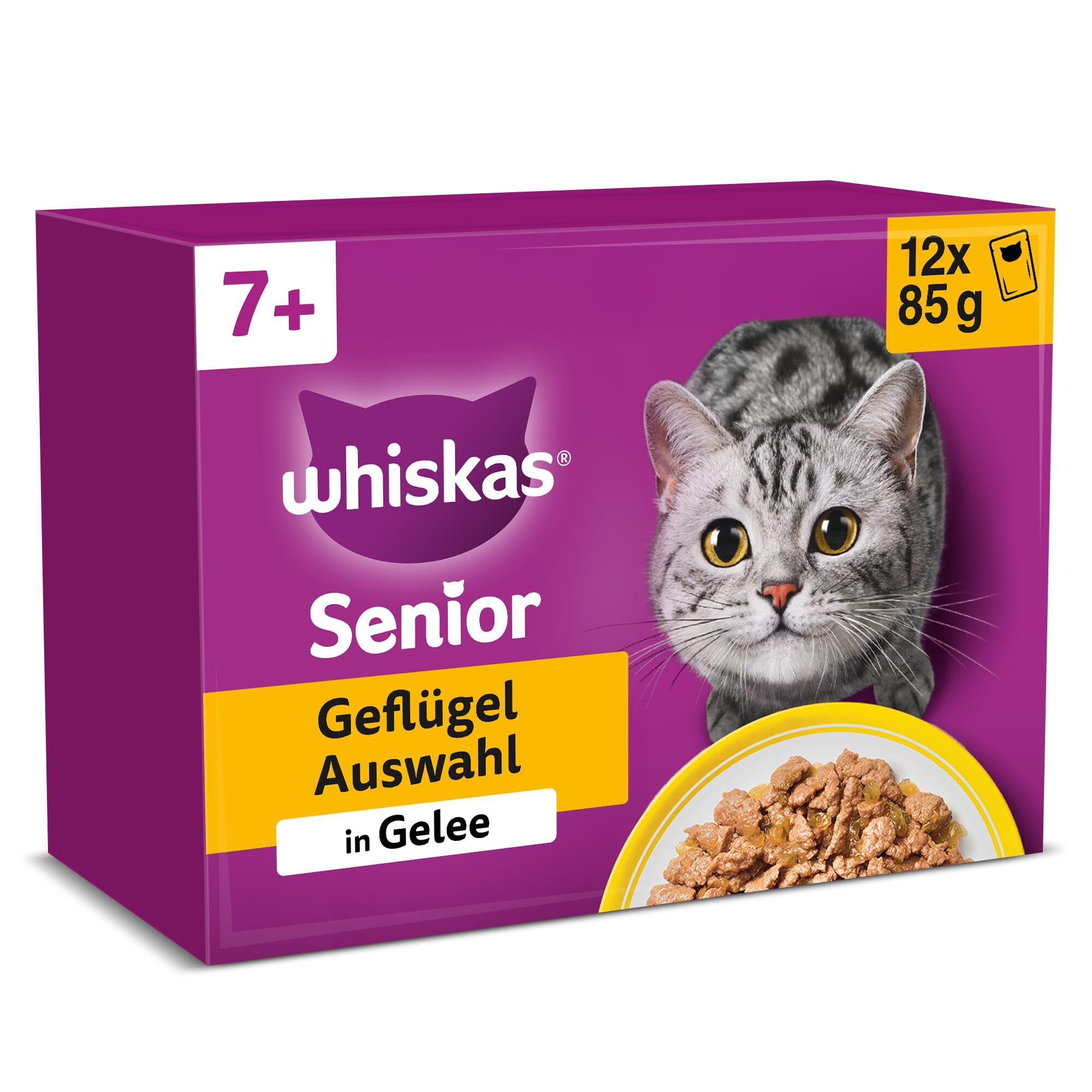 Whiskas 7+ Katzenfutter Geflügel Auswahl in Gelee, 12x85g (4 Packungen) – Hochwertiges Nassfutter ab dem 7. Lebensjahr in 48 Portionsbeuteln – Für die Bewahrung der Vitalität