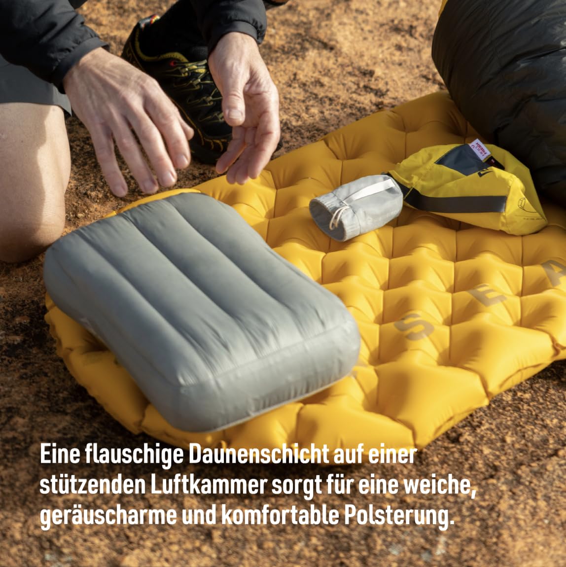 Sea to Summit - Aeros Down Pillow Campingkissen - 70 g - Daunen & Luftkammer Komfort - Xpress-Ventil - bis 12 cm Höhe - rutschfest mit PillowLock - für Trekking, Camping & Reisen