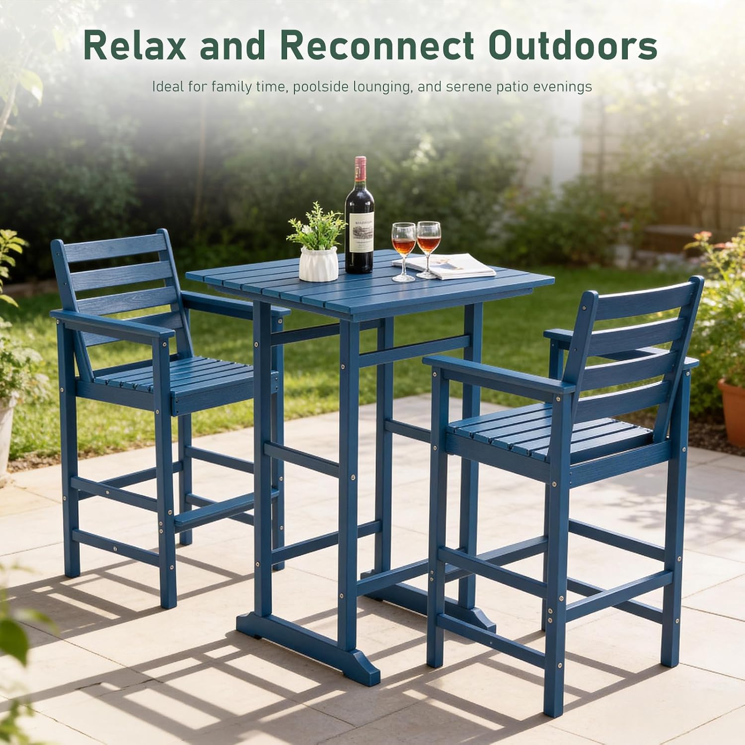 Furnimart Adirondack Outdoor Bar Set 5-Piece, Bar Height Chairs Set of 4 & Bar Table with Umbrella Hole, All-Weather HDPE Patio Bar Stools for Balcony, Poolside, Backyard, Blue