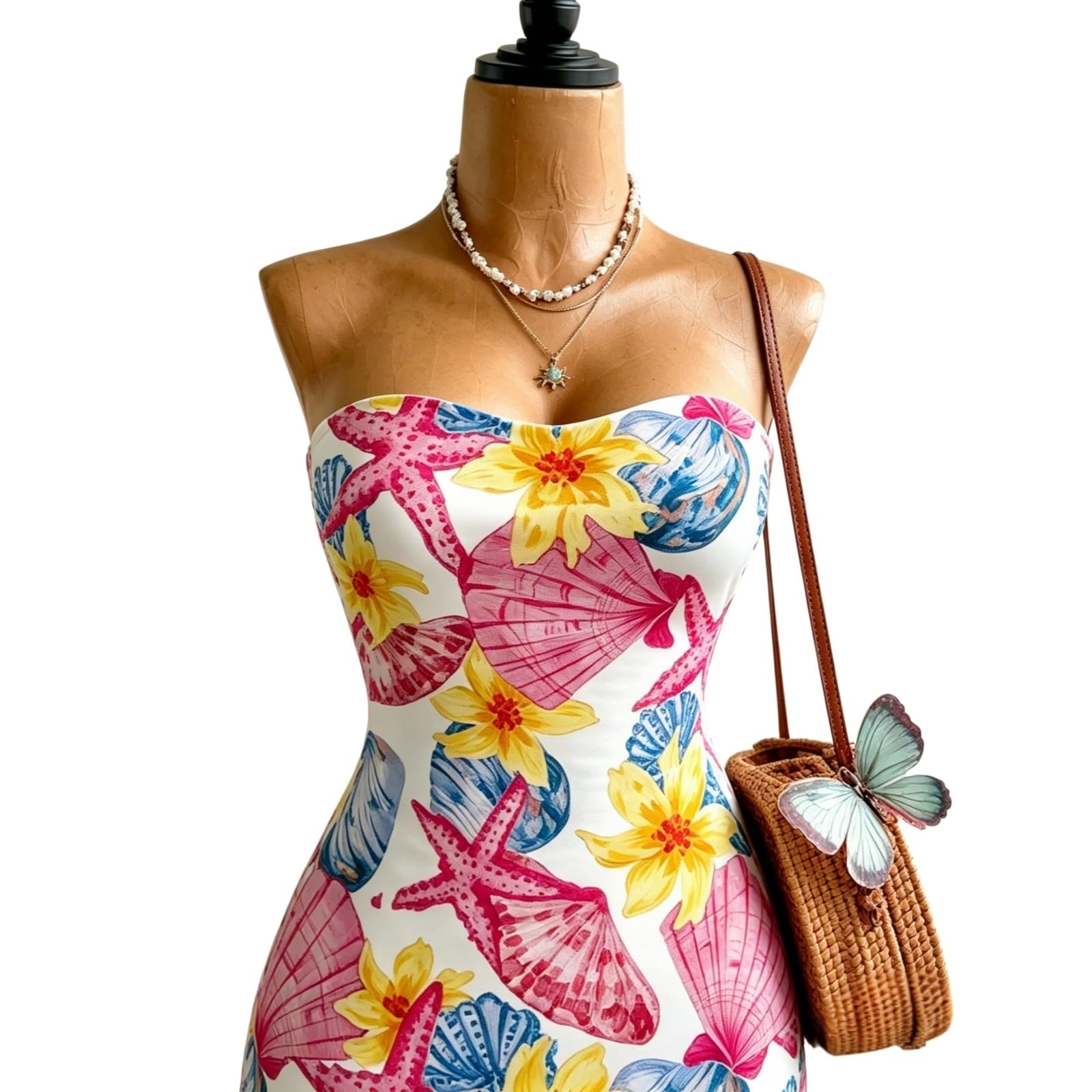 Vestito Donna Stampato Senza Cinturini Maxi Abito Estate Casual Vacanza Spiaggia Festa Abito-Multi-XS