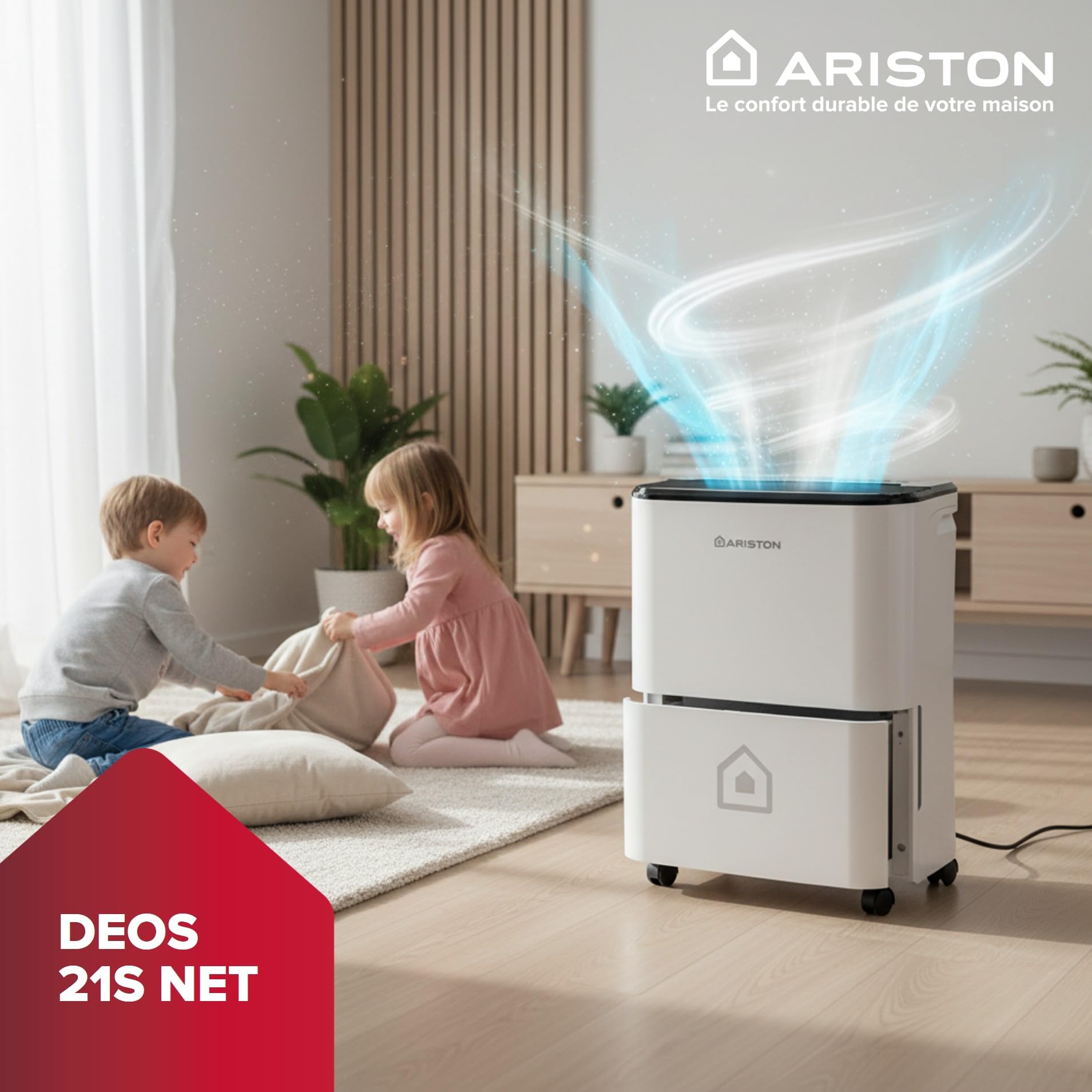 Ariston Deos 21S Net WiFi - Déshumidificateur Portable Haut de gamme 21L - Contrôle Électronique du niveau d’Humidité - Fonction Buanderie, Silencieux, pour des pièces allant jusqu'à 52 m²