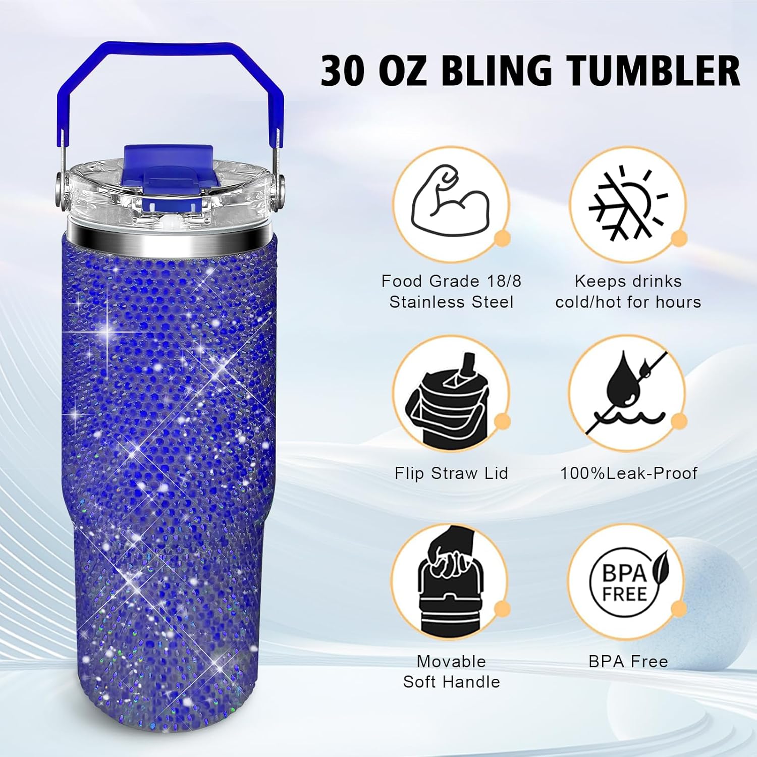 30oz Bling Rhinestone Studded Tumbler with Top Handle, Bling Cups Stainless Steel Water Bottle Diamond Glitter Tumbler for Women - Birthday Gifts for Women, Mom,Get Well Soon Gifts (Pacific)