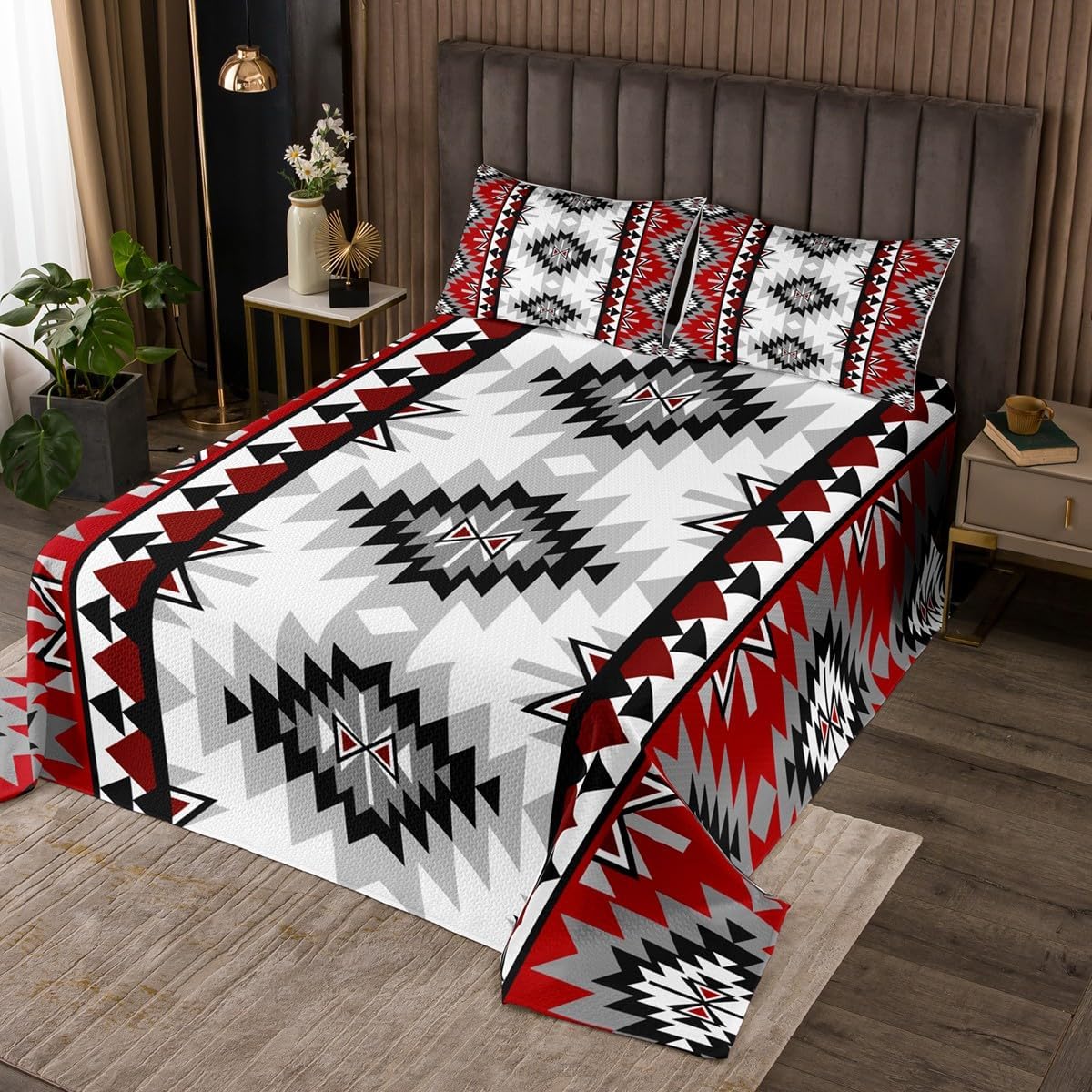 jejeloiu Boho Bedspread Twin Size Aztec Coverlet Set Bohemian Quilted Coverlet for All Season with 1 Pillowcase Geometric Microfiber Lightweight