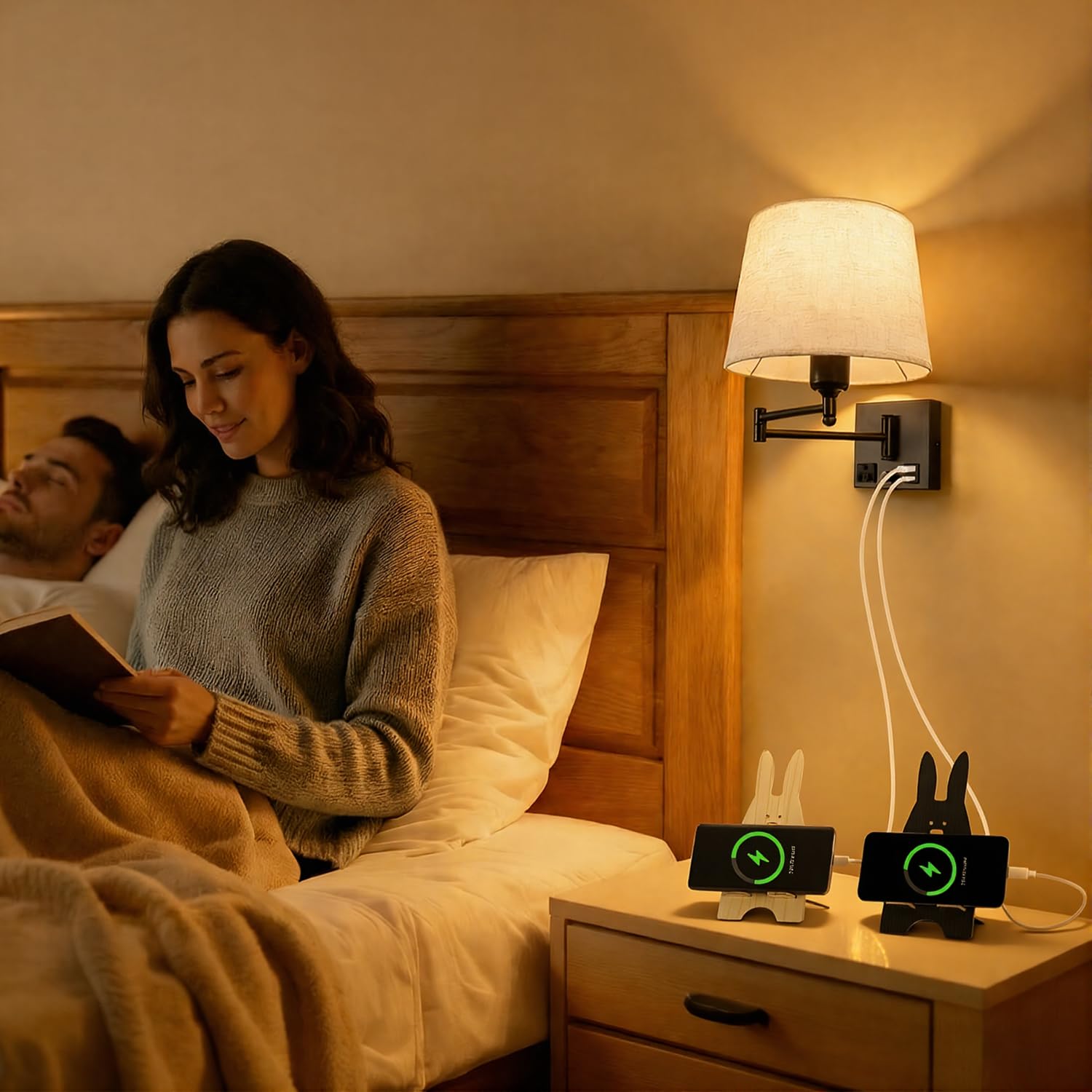 Schwenkbare Wandlampe mit Stoffschirm, USB-A & USB-C Ladeanschlüssen, integrierter Steckdose, Drehdimmer, Plug-in Wandleseleuchte verstellbar fürs Bett Schlafzimmer Hotel