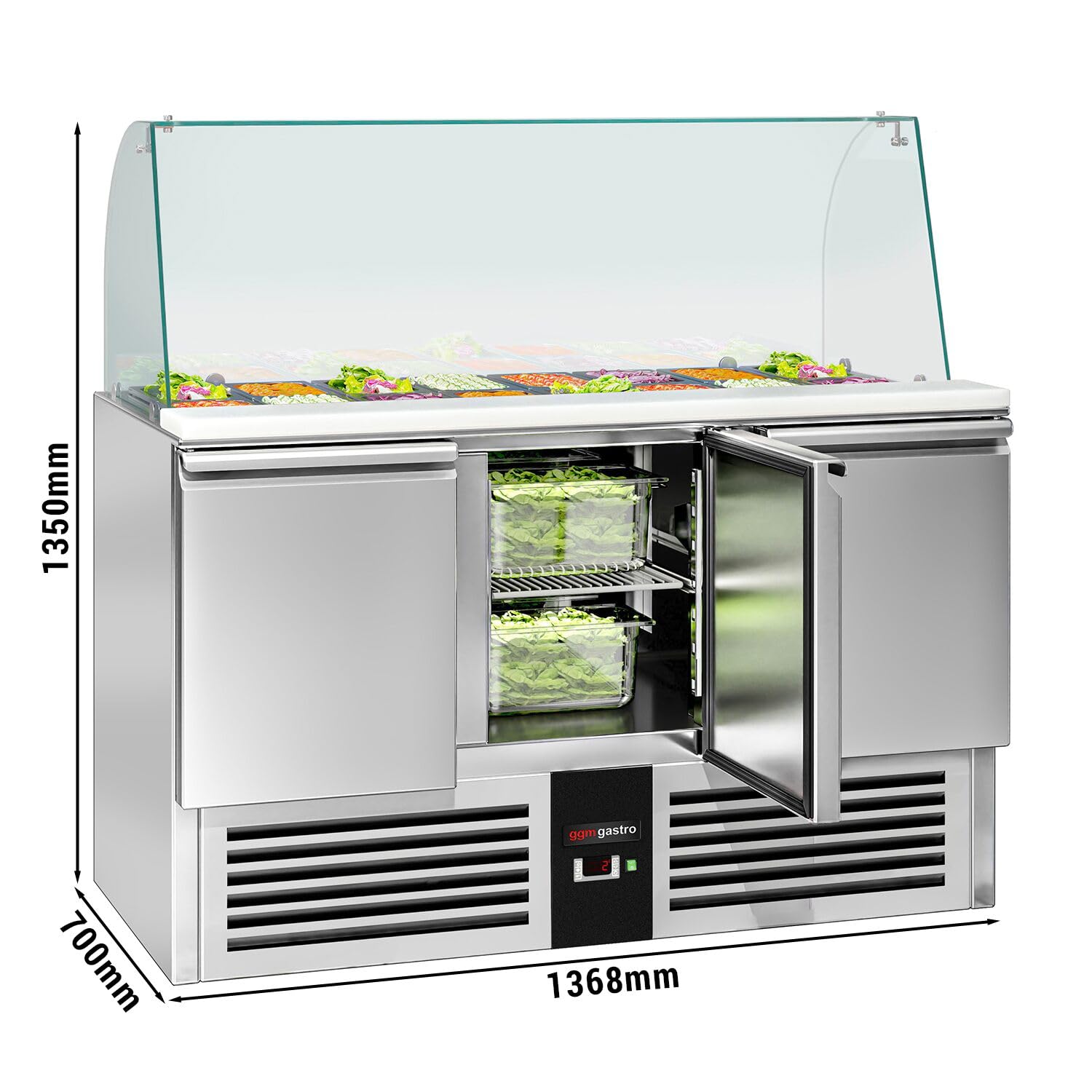 GGM Gastro Saladette PREMIUM - 4x GN 1/1 - Tapa de vidrio alta - 3 puertas - 368 litros - 240 W - Función de descongelación automática - Frente negro - Acero inoxidable - SAG147DRG#GSG147