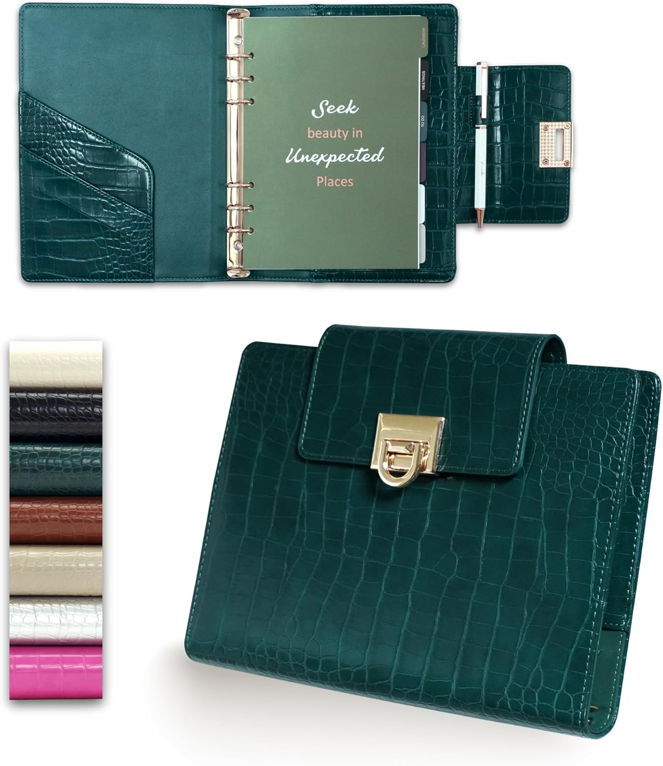 EGOSUNNY® Crocodile-Embossed A5 Refillable Undated Leather Planner – 5.8" x 8.3" Crocodile-Textured Leather Cover, Refillable 6-Ring Binder with 80 Sheets, Dividers & Metal Ballpoint Pen - Fashion-Inspired Organizer for Professional Women, Work & Meetings