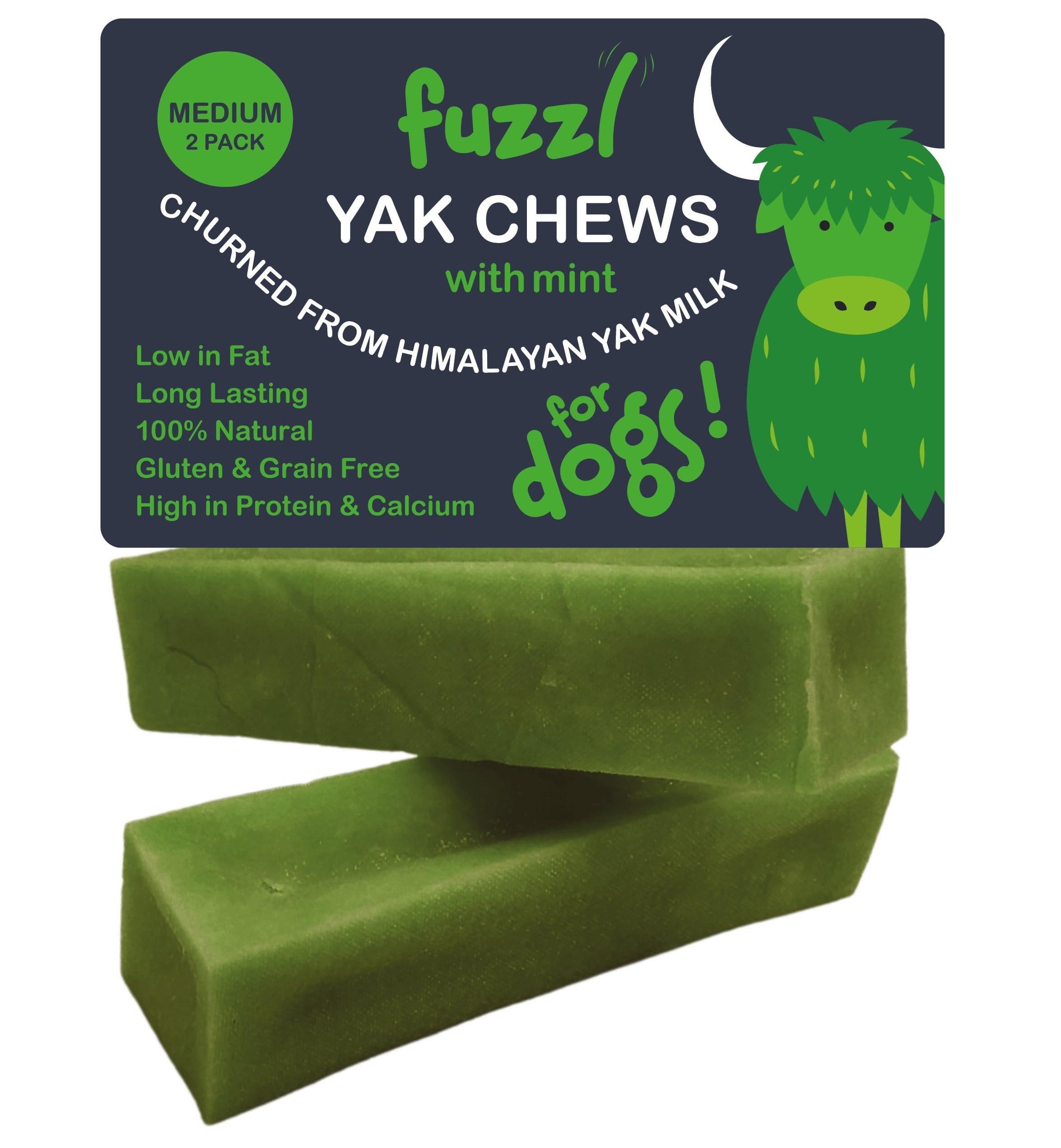Fuzzl Yak Chews for Dogs - 2 Pack 140g Fresh Mint - Premium Natural Dog Treats with Himalayan Yak Milk - Yak Chew No Hide Dog Food Natural Dog Chews Long Lasting Dog Dental Sticks