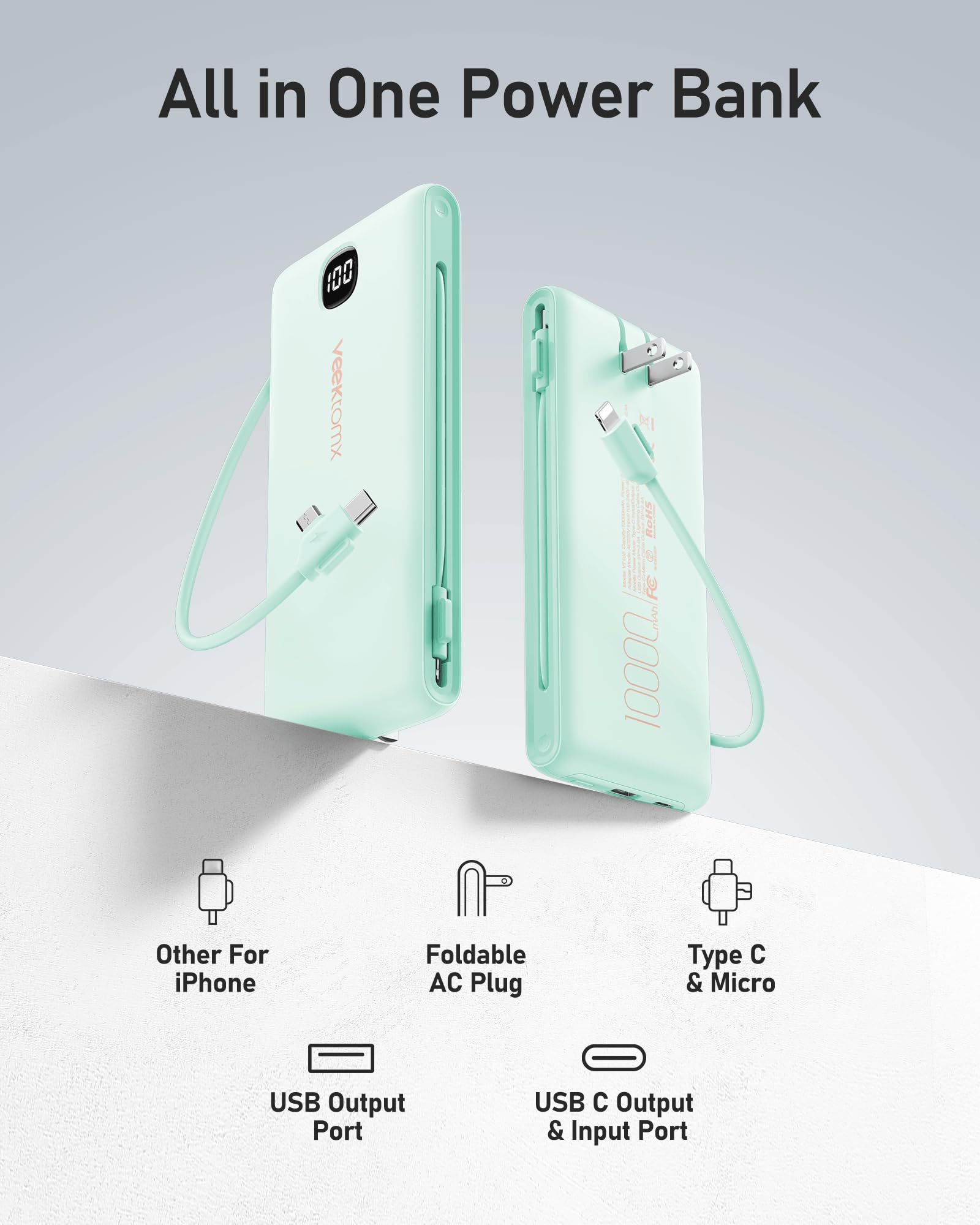 VEEKTOMX 10000mAh Portable Charger with Built-in Cables & Wall Plug view 2