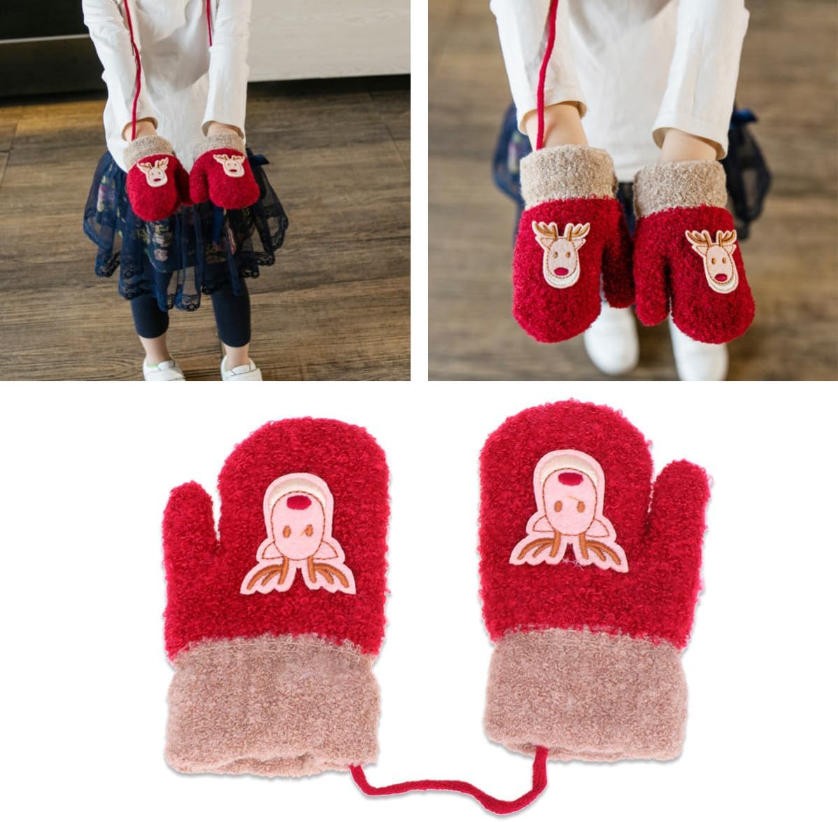 Xmas Red Christmas Warm Winter Gloves Elk Design Mittens
