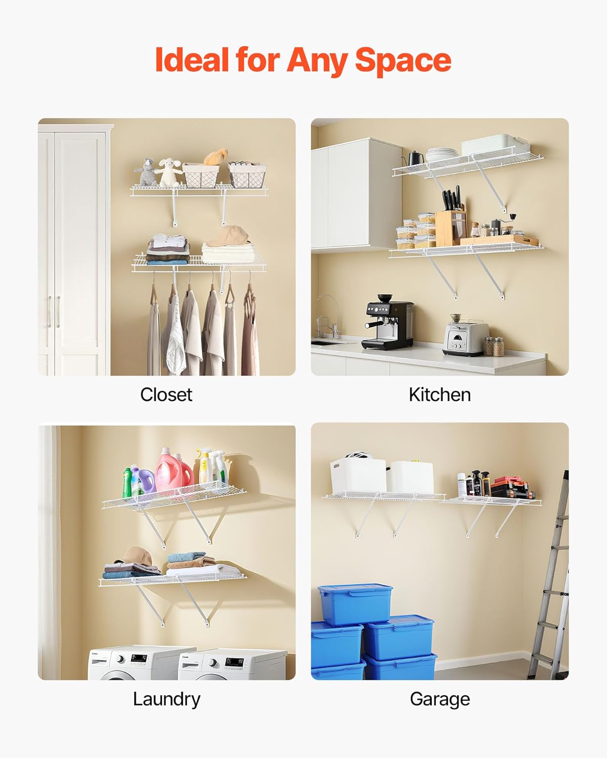 VEVOR Wire Shelf Kit, 3 ft, Set of 2, Wall Mounted Wire Shelves, Heavy-Duty Carbon Steel Hanging Shelf, Floating Wall Storage Shelves with Dip Coating, for Closet, Bedroom, Living Room, Office, Pantry