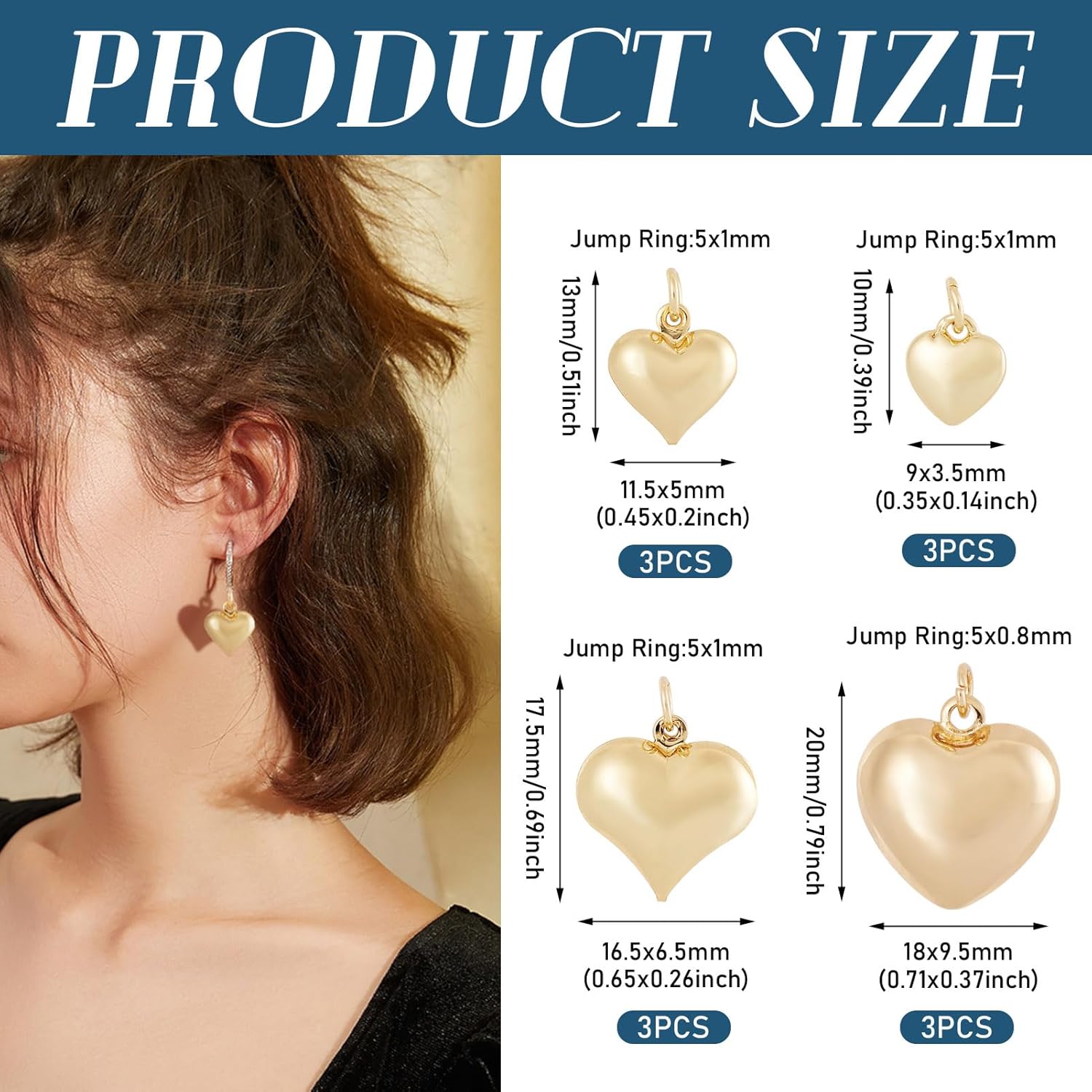 Pandahall 12Pcs Real 18K Real Gold Plated Heart Charms 3D Love Heart Pendants Metal Tiny Hearts Charm Dangle Charms with Jump Ring for Valentine's Day Necklace Earrings Keychains Jewelry Making - Image 5