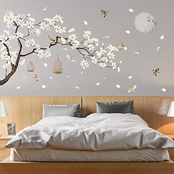 LiveGallery White Peach Blossm Flowers Wall Decals Removable DIY Tree Branches Birds Saying Art Decor Wall Stickers Murals for Living Room TV Background Kids Girls Rooms Bedroom 8 Sheets of 12"x18"