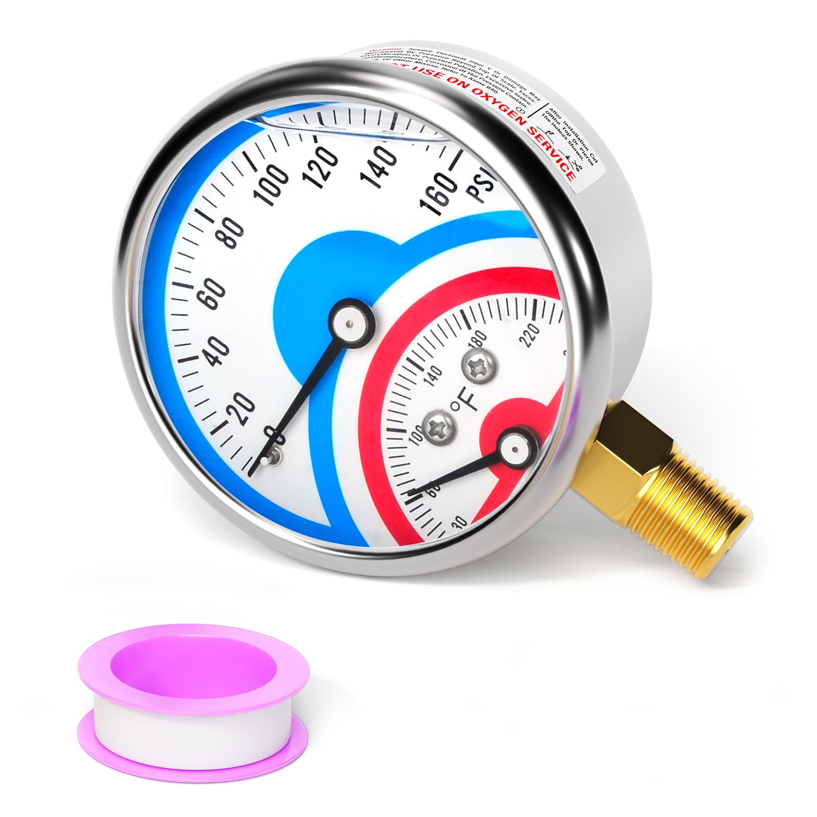 MEANLIN MEASURE 0-160Psi Stainless Steel Thermal Pressure Gauge 30-250℉ Liquid Filled Pressure Gauge 1/4" NPT 2.5" FACE DIAL, with Teflon Tape, Lower Mount-image-35