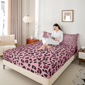 Homewish Pink Leopard Print Fitted Sheet Full Size,Cheetah Bedding Set 3pcs for Kids Teens Girls Adults Room Decor,Wild Animal Skin Texture Bed Cover Romantic Fashion Bed Sheet Set with 2 Pillowcases
