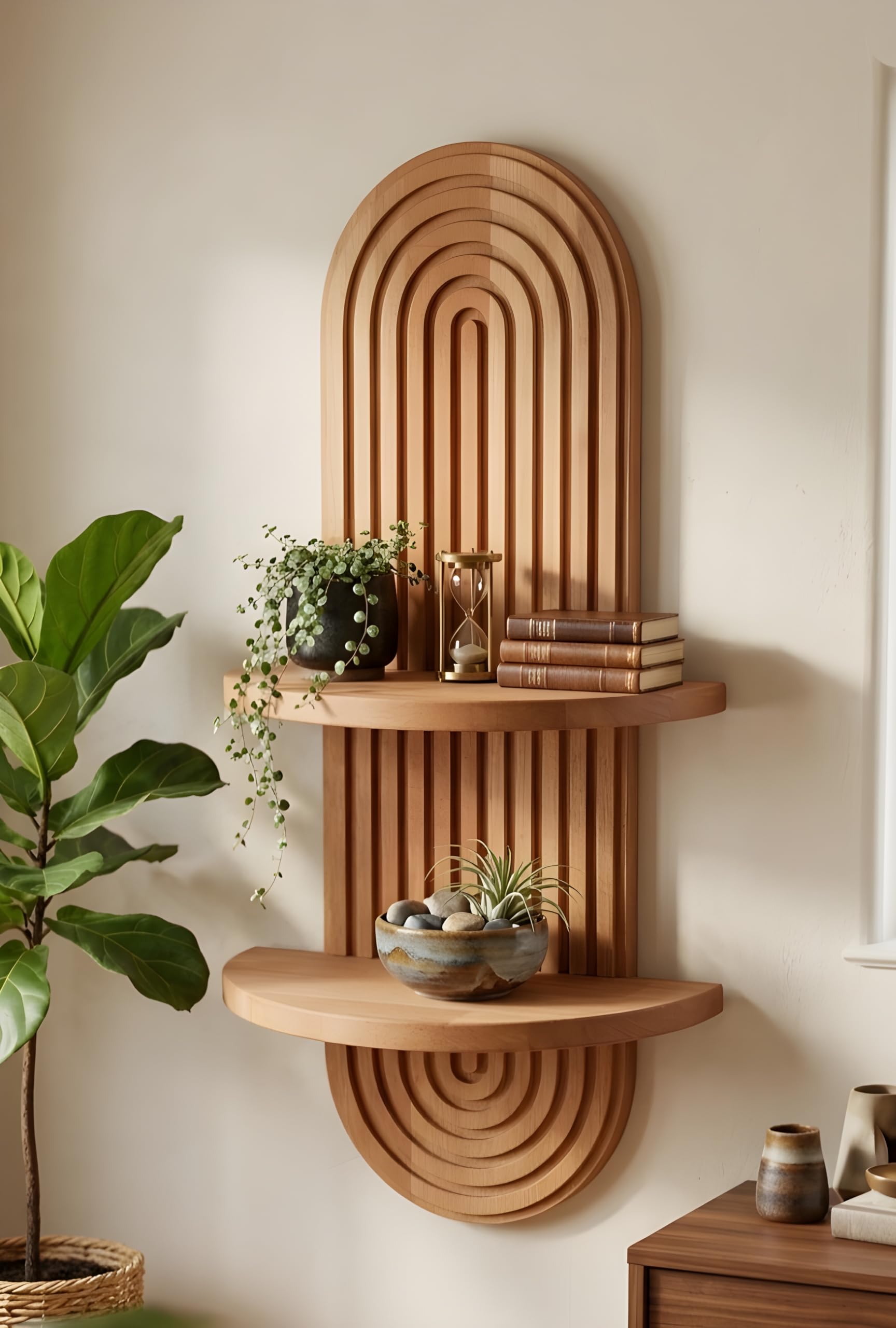 2-Tier Wooden Wall Hanging Shelf, Solid Hardwood, Arch Design, Hand-Carved Ribbed Texture, Floating Shelf for Living Room, Bedroom-image-8
