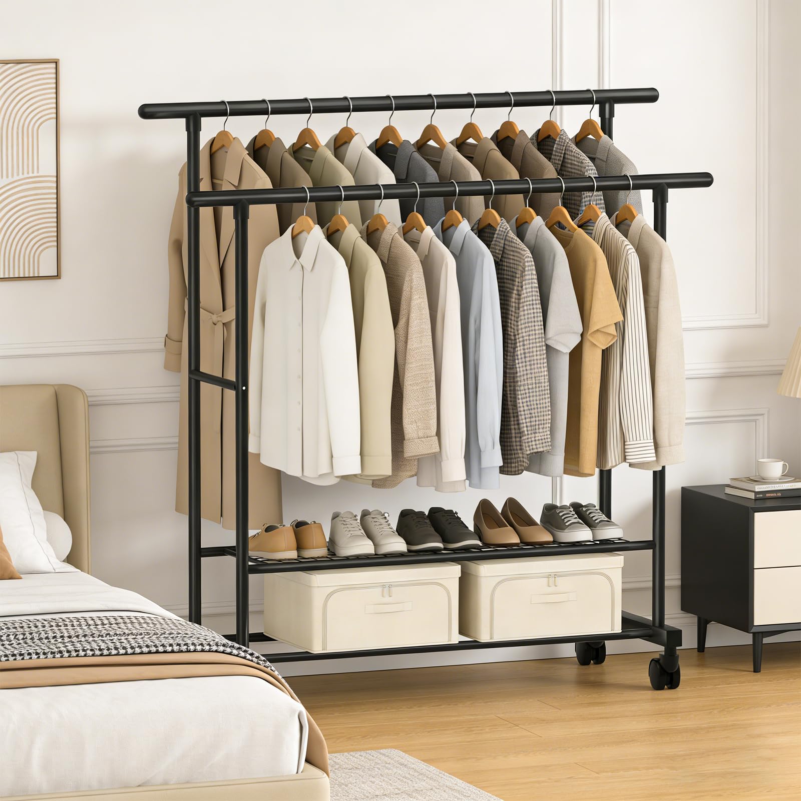 LUKVCIY Clothes Rail with Rolling Wheels, Large Capacity Freestanding Clothes Rack with 2-Tier Shoe Organizer, Heavy-Duty Clothing Rail for Bedroom, Entrance, Laundry, 118x148.5x42cm