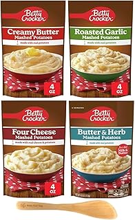 Betty Crocker Mashed Potatoes, Creamy Butter, Roasted Garlic, Four Cheese, and Butter & Herb - Made with Real Potatoes 4 Ounce (Pack of 4) - with Make Your Day Mini Spatula