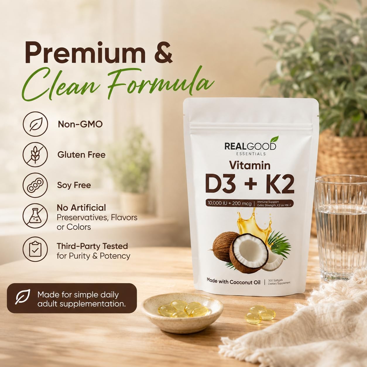 Real Good Essentials Vitamin D3K2 – 300 Softgels, High Absorption Softgels for Bone, Heart & Immune Support – Virgin Coconut Oil, Easy to Swallow