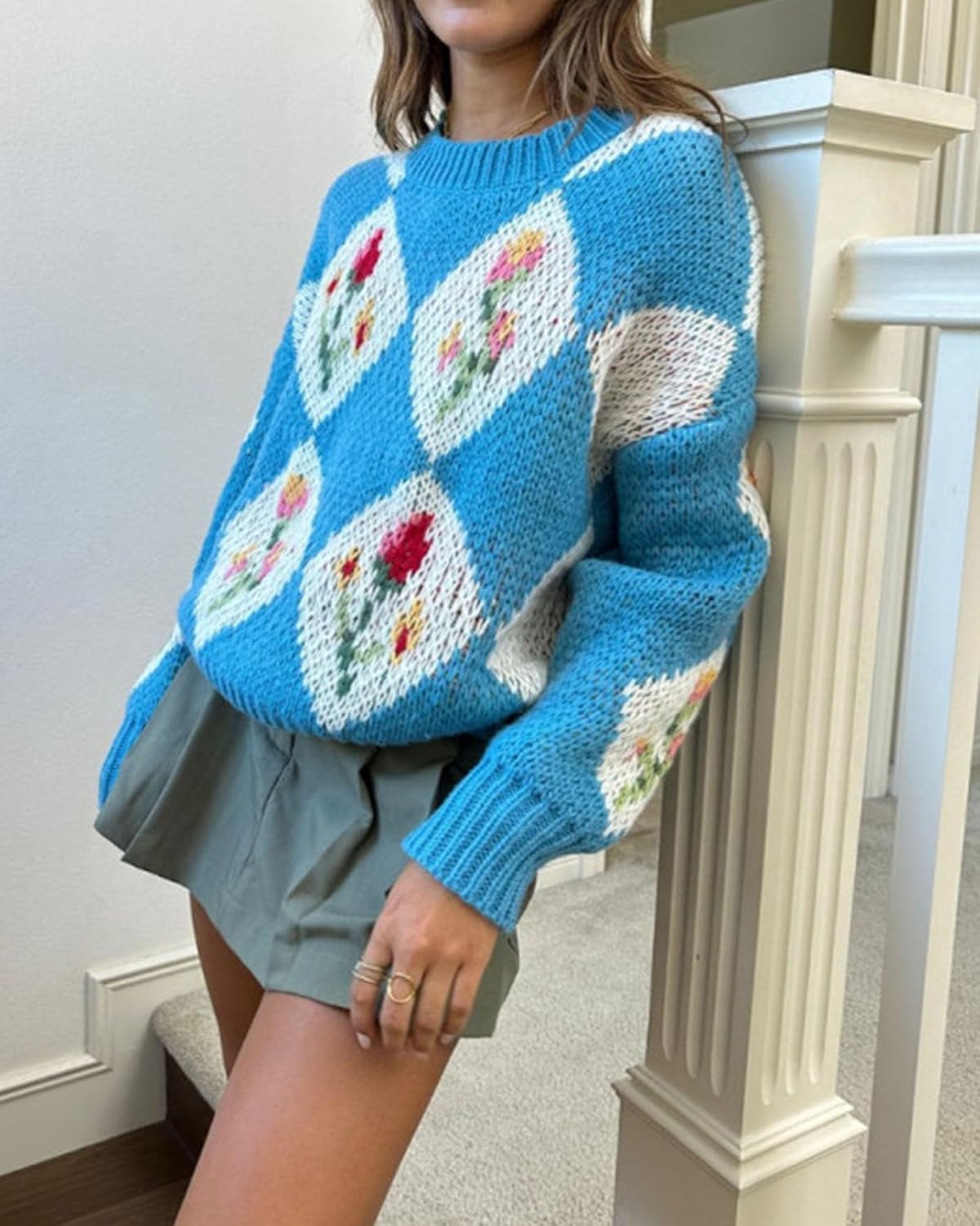 ZAFUL Floral Sweaters for Women Trendy Crew Neck Long Sleeves Knitted Pullover Boho Sweater Chunky Knit Tops - Image 4