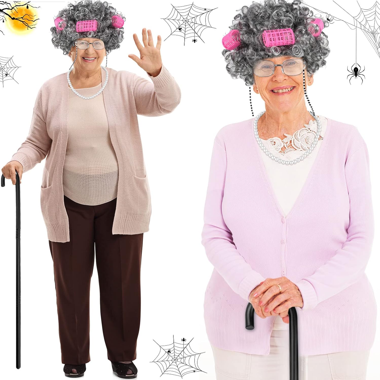 Zhanmai 6 Pcs Old Lady Costume Set Women's Fat Suits Granny Wig Foldable Crutch Wig Cap Glasses Chains Strap Pearl Beads