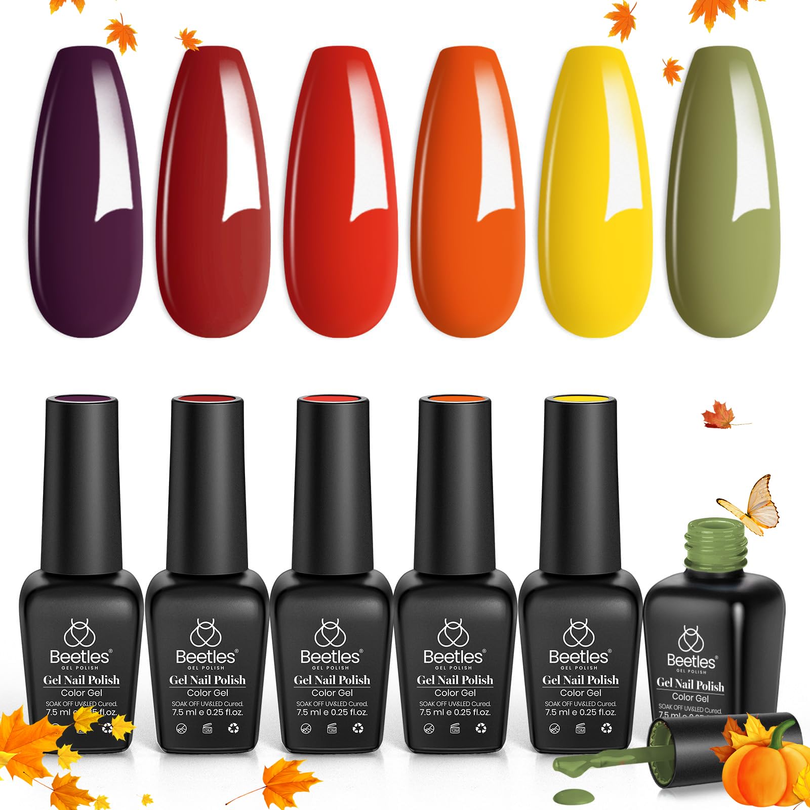 Beetles Gel Polish Set, Sunset Leaves Set Orange Green Gel Nail Polish Kit Autumn Fall Winter Soak Off UV Nail Lamp LED Cured, 7.3ml Each Bottle for Nail Art