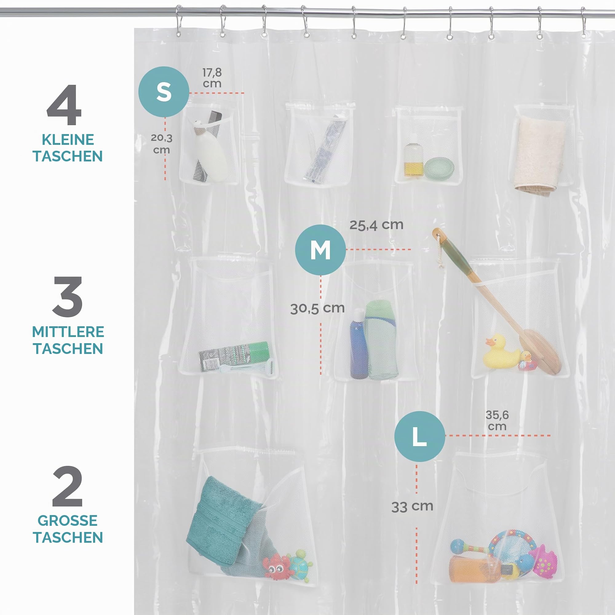 Zenna Home Maytex Schnell trocknende Netztaschen, wasserdichter PEVA-Duschvorhang oder -Auskleidung, für Bad/Dusche, transparent, 178 x 183 cm