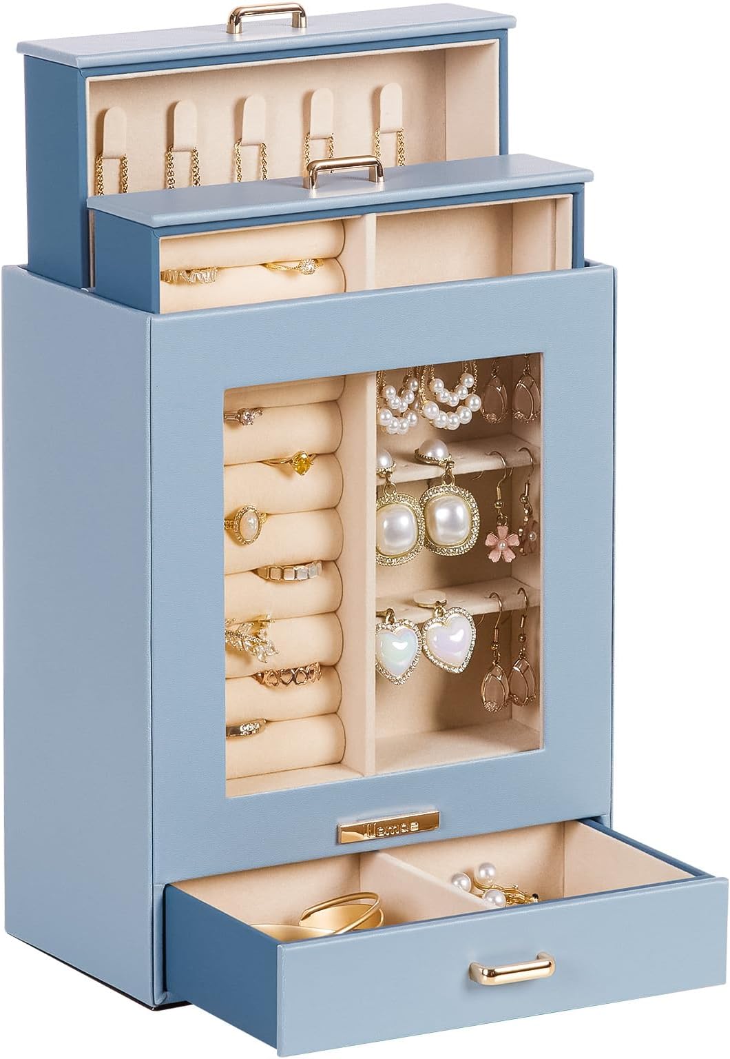 Homde Jewelry Organizer Girls Women Jewelry Box for Necklaces Rings Earrings Christmas Gift Bracelets Storage Case (Grey Blue + Gold)