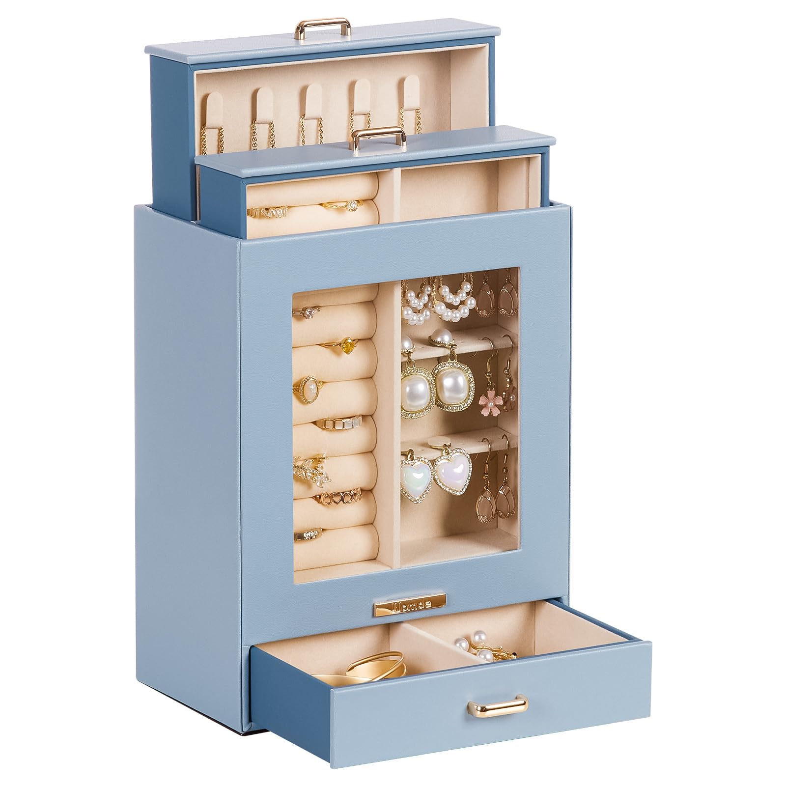 Homde Jewelry Organizer Girls Women Jewelry Box for Necklaces Rings Earrings Christmas Gift Bracelets Storage Case (Grey Blue + Gold)