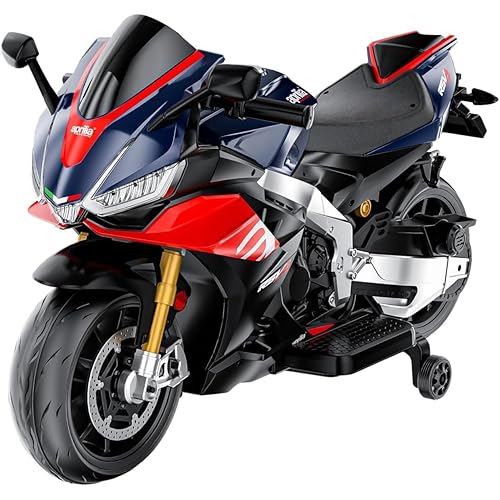 24V Kids Motorcycle, Aprilia Licensed Electric Motorcycle for Kids, Top Speed to 10MPH with Long Battery Life, Thread Wheels, Training Wheels, Large Seat-Blue