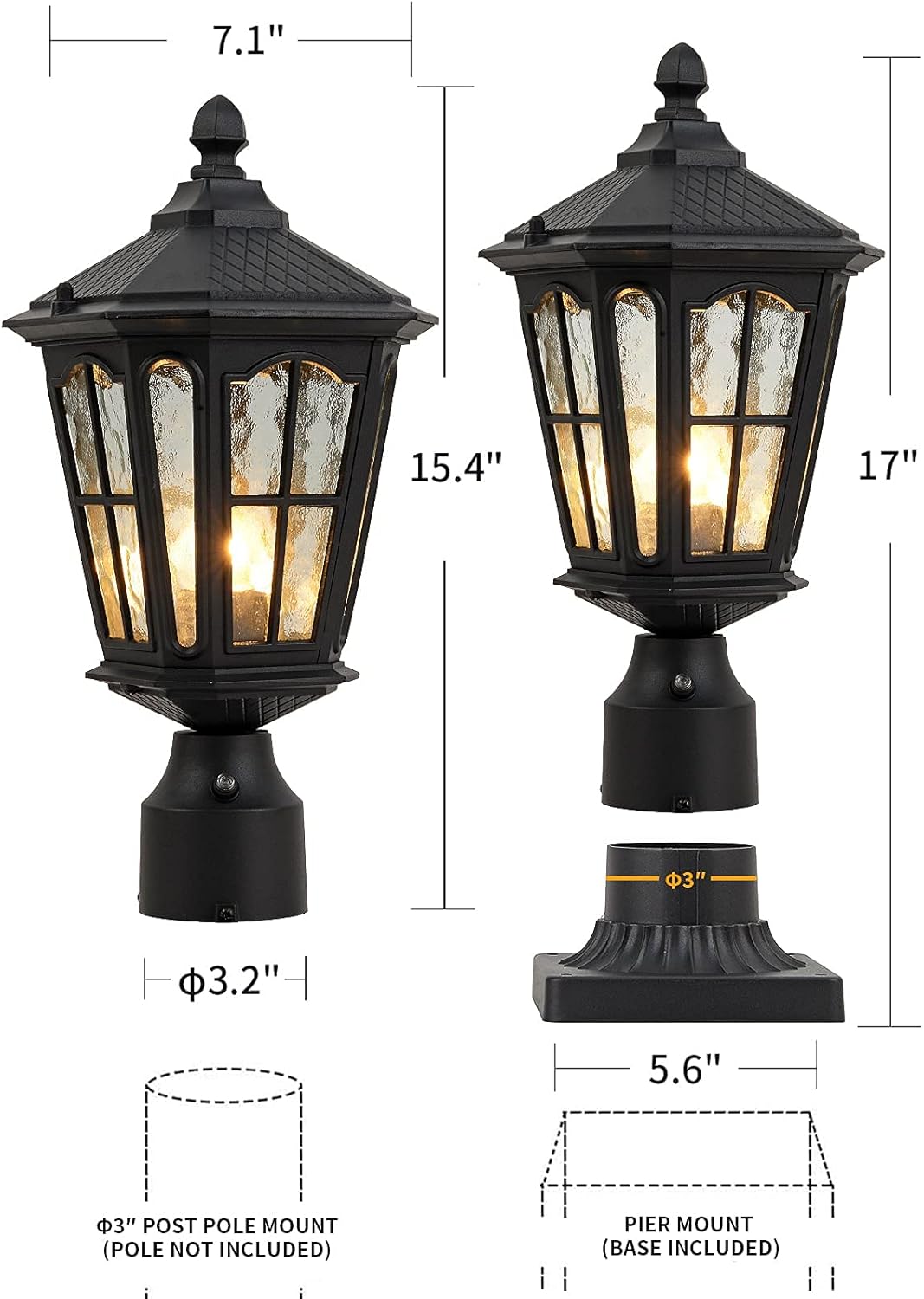 Amazing 🔥 GYDZ Dusk to Dawn Post Light Outdoor with 3-Inch Pier Mount Base, 17''H Exterior Post Light Fixture,Waterproof IP65 Classic Die Cast Aluminum with Water Ripple Glass, E26 Base 60W Max,Matte Black