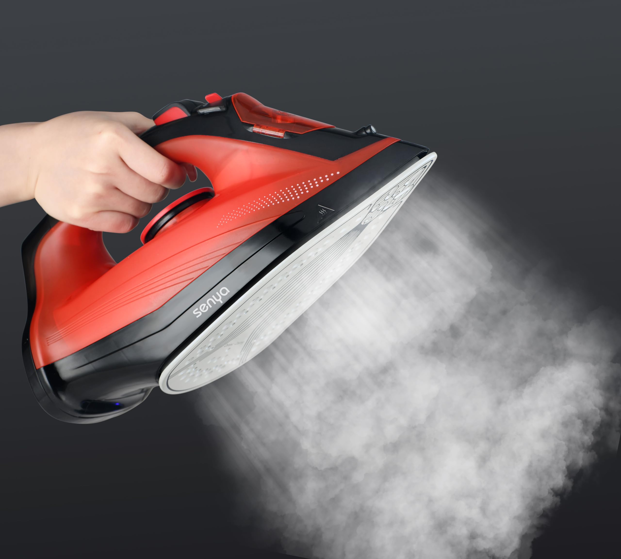 SENYA - Fer à Repasser Vapeur Sans Fil, Débit Vapeur 35 g/min, 2400W Semelle en Céramique, Défroissage Vertical Rouge Simple Move V2