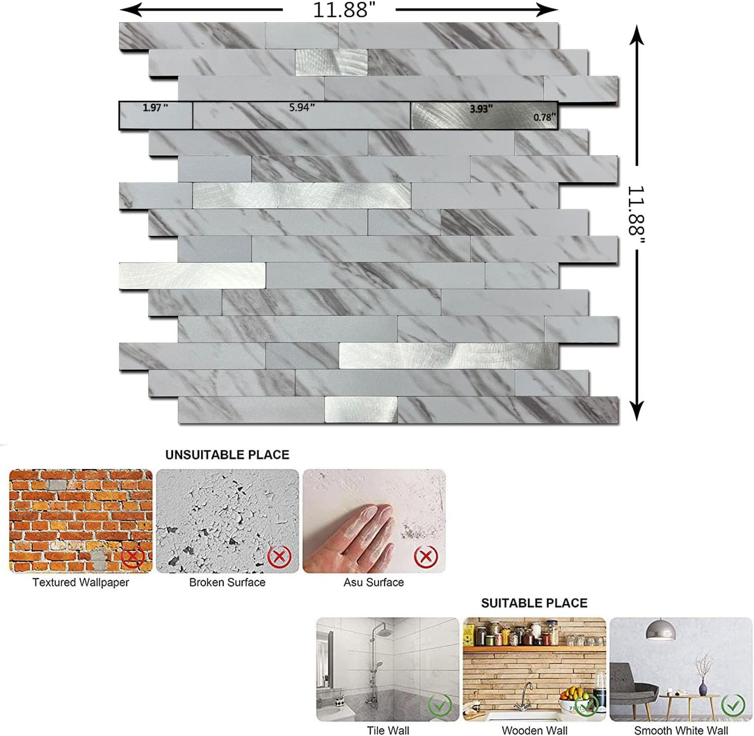 10-Sheet Peel and Stick Backsplash Tile, PVC Mixed Meta,l Stick on Kitchen, Bathroom Vanities, Fireplace Décor, Laundry Table(11.2" X 12.7") (10, White Marble + Silver)