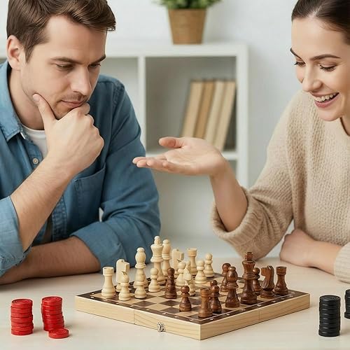 Miniatura 5 de Sumind Juego de 80 piezas de ajedrez de madera 2 en 1 hecho a mano con bolsa de almacenamiento con cordón, juego de ajedrez de madera, accesorios